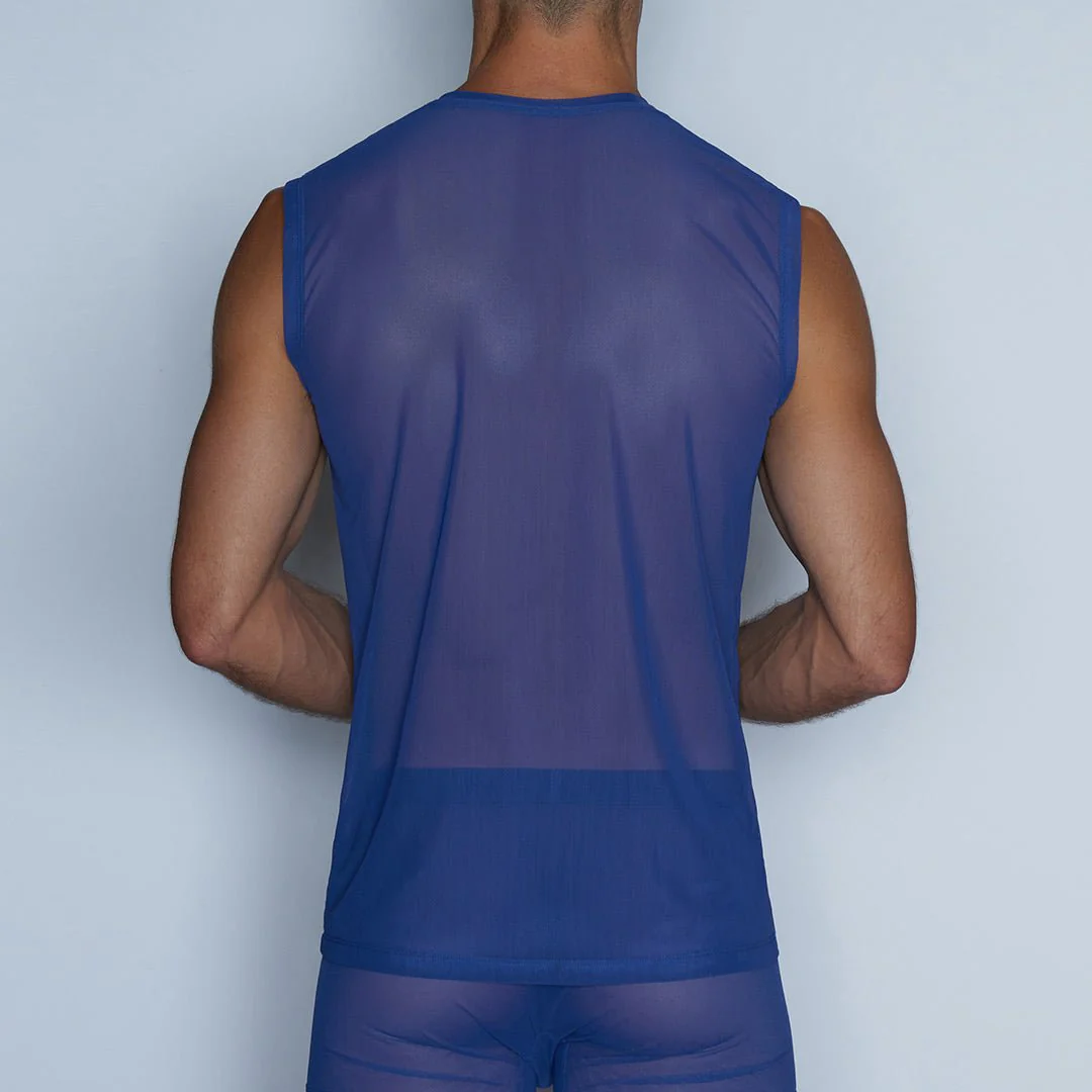 Sheer Sleeveless Crew Neck T-Shirt Bari Blue - Image 3